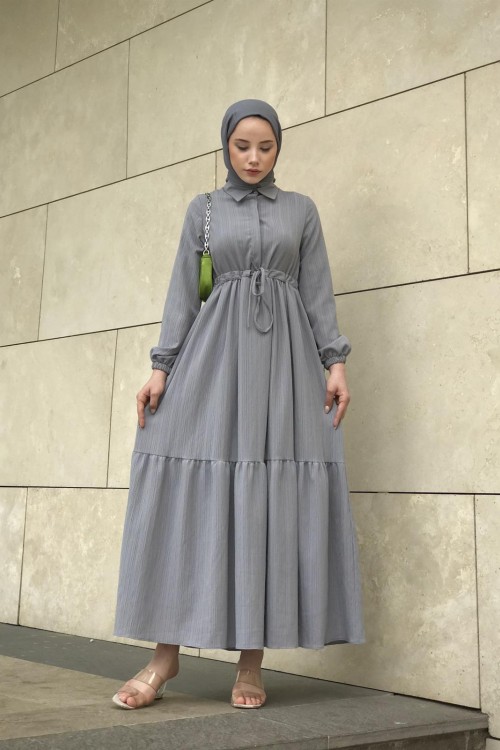 Beli Bağcıklı Gömlek Yaka Merven Elbise Gri