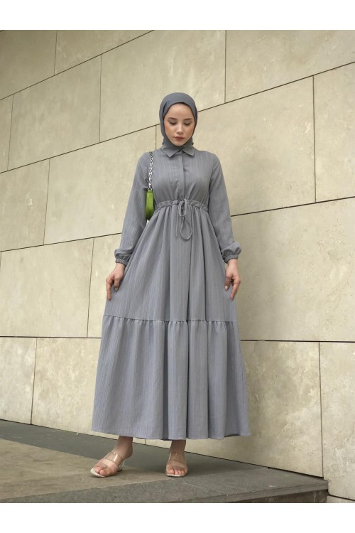 Beli Bağcıklı Gömlek Yaka Merven Elbise Gri