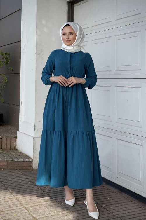 Beli Bağcıklı Gömlek Yaka Merven Elbise PetrolYeşili