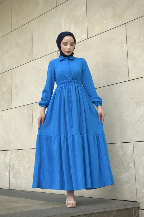 Beli Bağcıklı Gömlek Yaka Merven Elbise İndigo