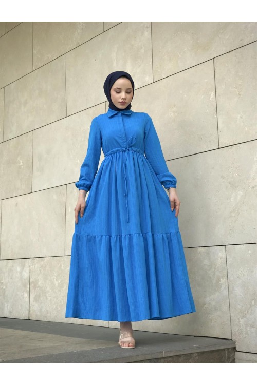 Beli Bağcıklı Gömlek Yaka Merven Elbise İndigo