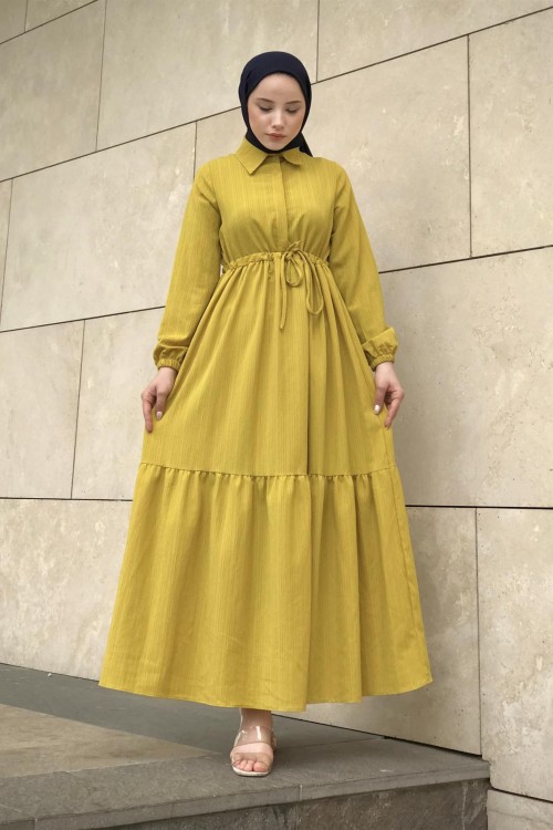 Beli Bağcıklı Gömlek Yaka Merven Elbise YağYeşili