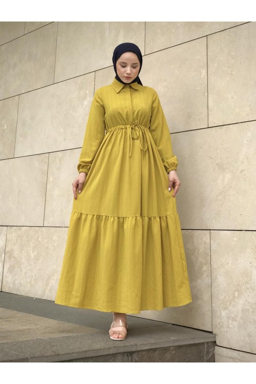 Beli Bağcıklı Gömlek Yaka Merven Elbise YağYeşili