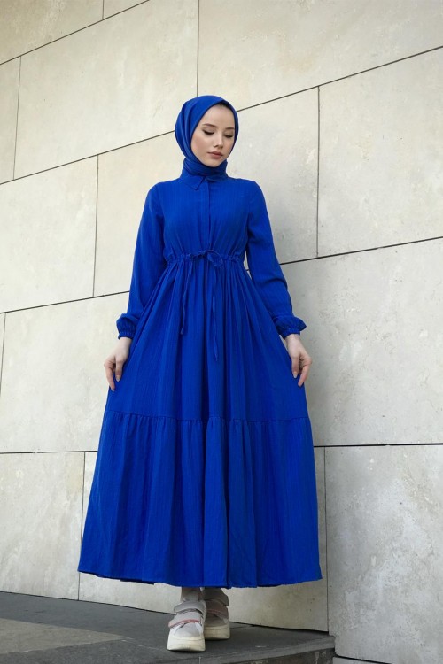 Beli Bağcıklı Gömlek Yaka Merven Elbise Saks