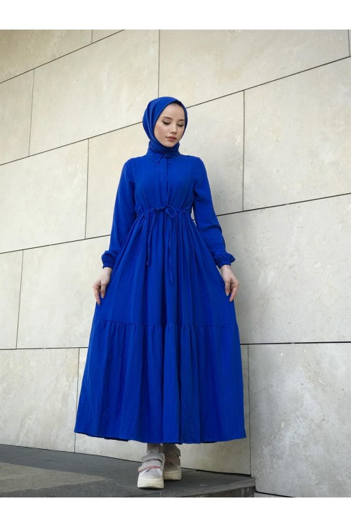 Beli Bağcıklı Gömlek Yaka Merven Elbise Saks