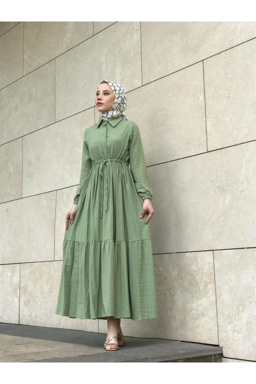 Beli Bağcıklı Gömlek Yaka Merven Elbise Çağla Yeşili