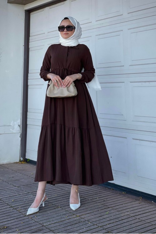 Beli Bağcıklı Gömlek Yaka Merven Elbise AcıKahve