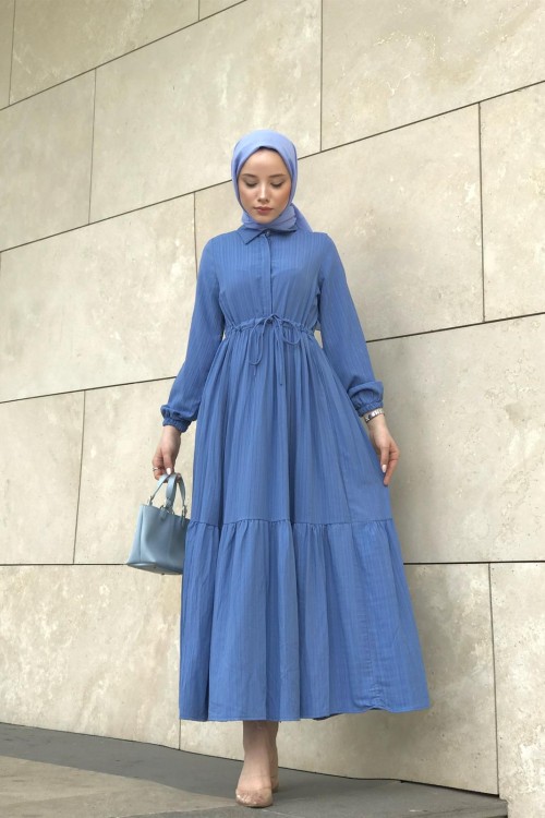 Beli Bağcıklı Gömlek Yaka Merven Elbise Mavi