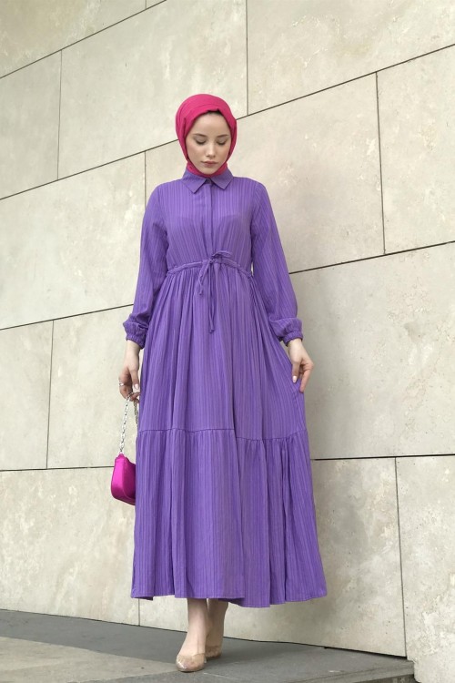 Beli Bağcıklı Gömlek Yaka Merven Elbise Mor
