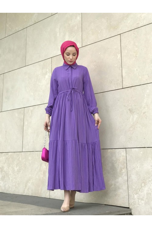 Beli Bağcıklı Gömlek Yaka Merven Elbise Mor