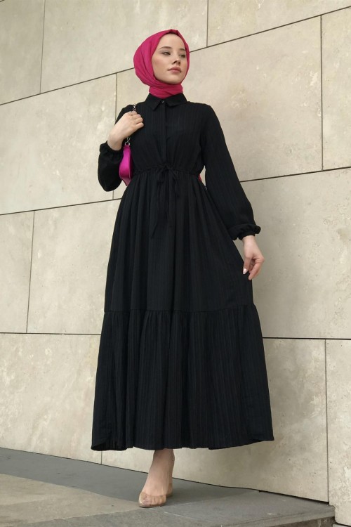 Beli Bağcıklı Gömlek Yaka Merven Elbise Siyah
