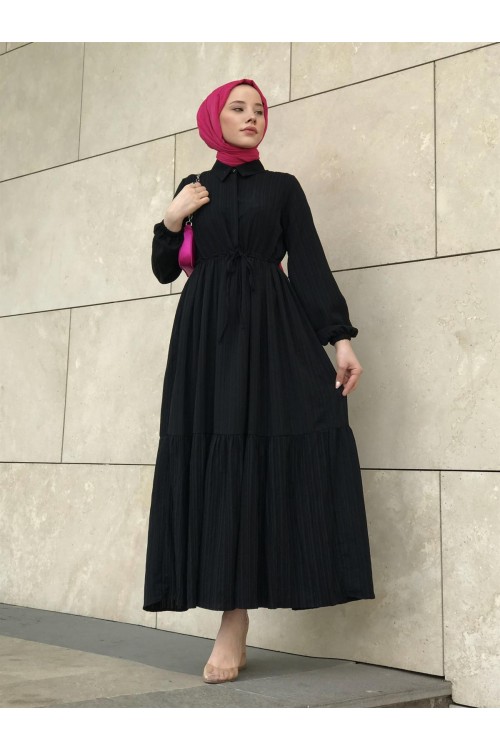 Beli Bağcıklı Gömlek Yaka Merven Elbise Siyah