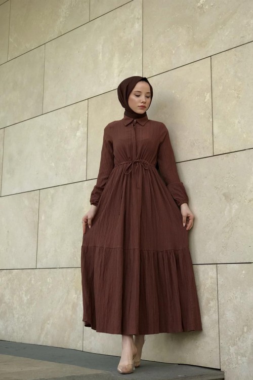 Beli Bağcıklı Gömlek Yaka Merven Elbise Kahverengi