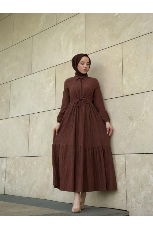 Beli Bağcıklı Gömlek Yaka Merven Elbise Kahverengi