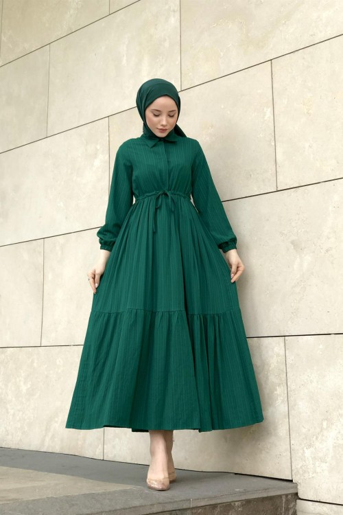 Beli Bağcıklı Gömlek Yaka Merven Elbise Zümrüt