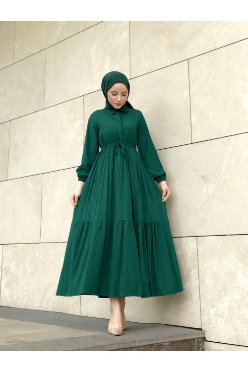 Beli Bağcıklı Gömlek Yaka Merven Elbise Zümrüt