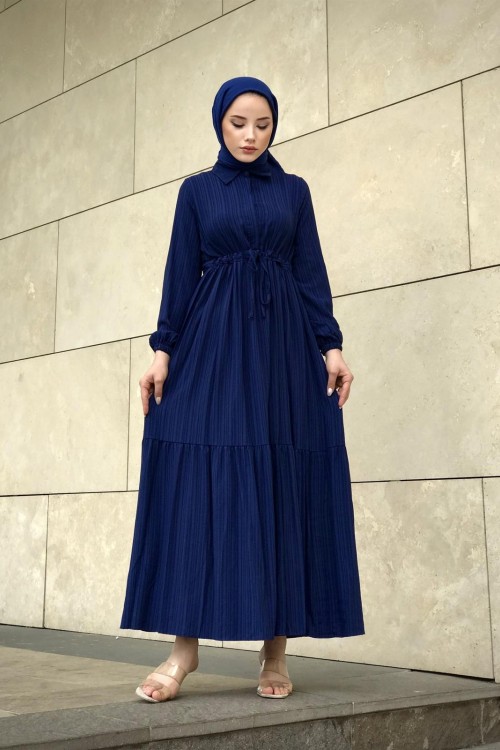 Beli Bağcıklı Gömlek Yaka Merven Elbise Lacivert