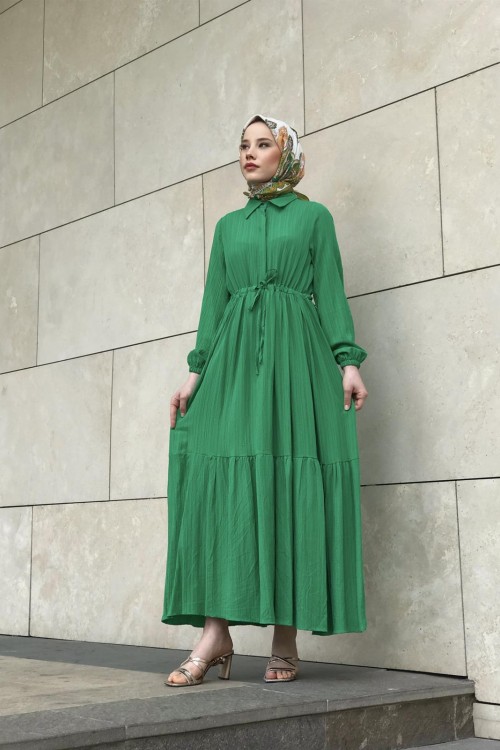 Beli Bağcıklı Gömlek Yaka Merven Elbise Yeşil