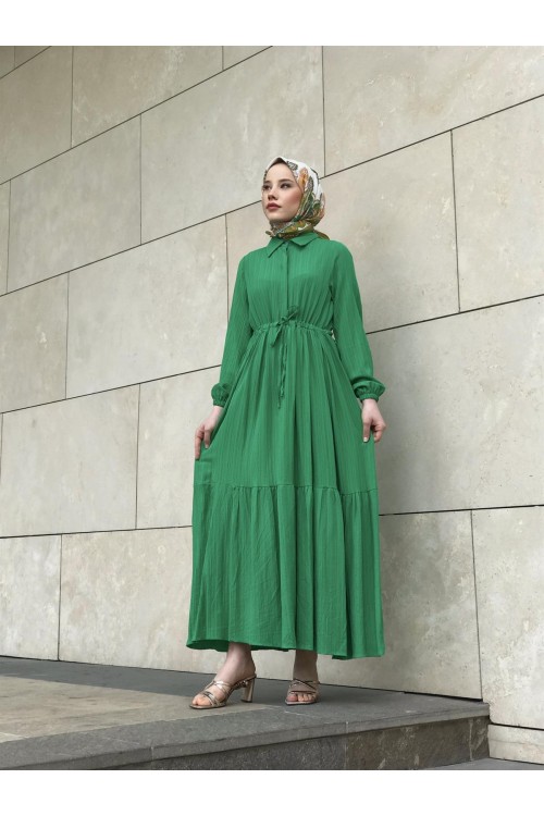 Beli Bağcıklı Gömlek Yaka Merven Elbise Yeşil