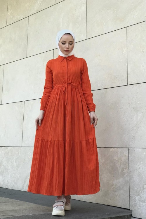 Beli Bağcıklı Gömlek Yaka Merven Elbise Turuncu