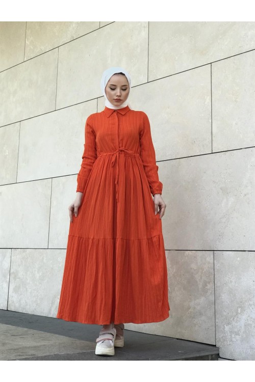 Beli Bağcıklı Gömlek Yaka Merven Elbise Turuncu