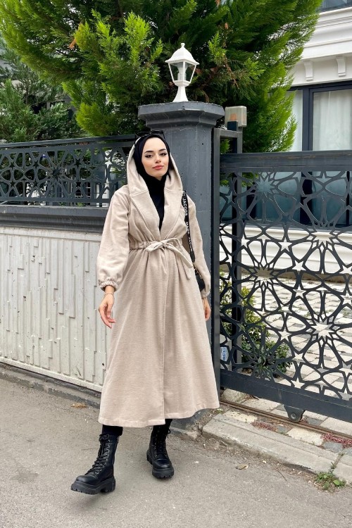 Beli Büzgülü Bağlamalı Kap Bej