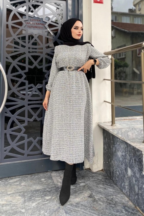 Beli Lastikli Kemerli Elbise Beyaz