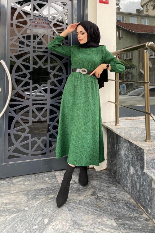 Beli Lastikli Kemerli Elbise Yeşil