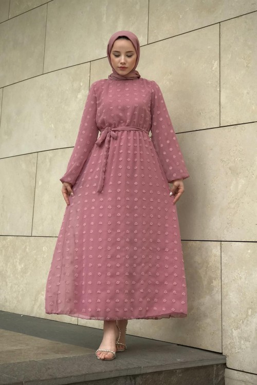 Beli Lastikli Kuşaklı Nova Elbise Pudra