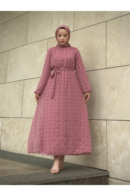 Beli Lastikli Kuşaklı Nova Elbise Pudra