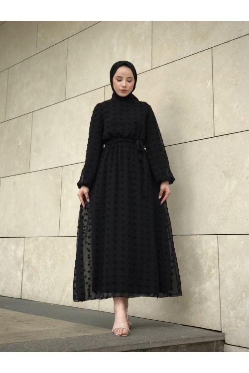 Beli Lastikli Kuşaklı Nova Elbise Siyah