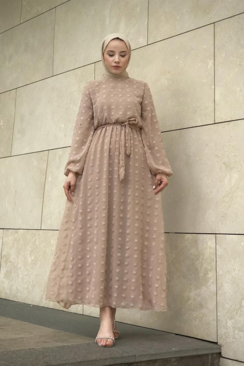 Beli Lastikli Kuşaklı Nova Elbise SütlüKahve