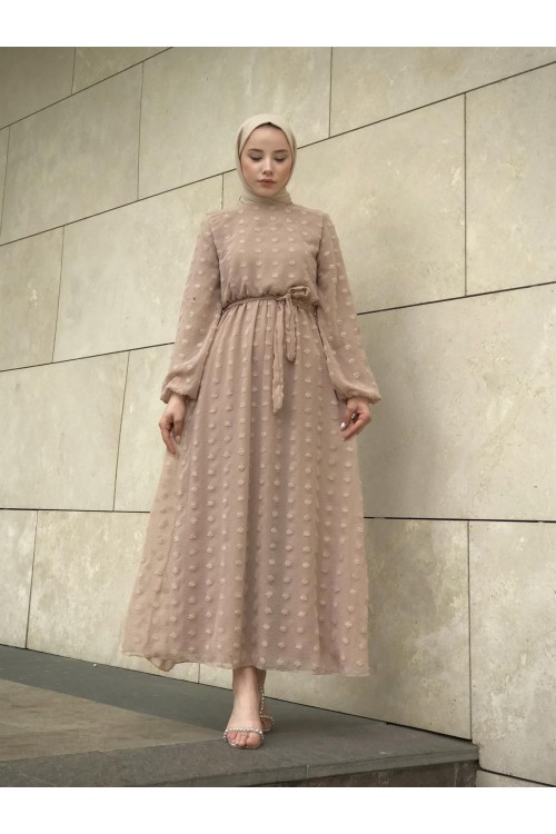 Beli Lastikli Kuşaklı Nova Elbise SütlüKahve