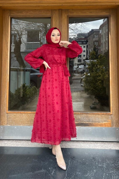 Beli Lastikli Ponpon Elbise Bordo