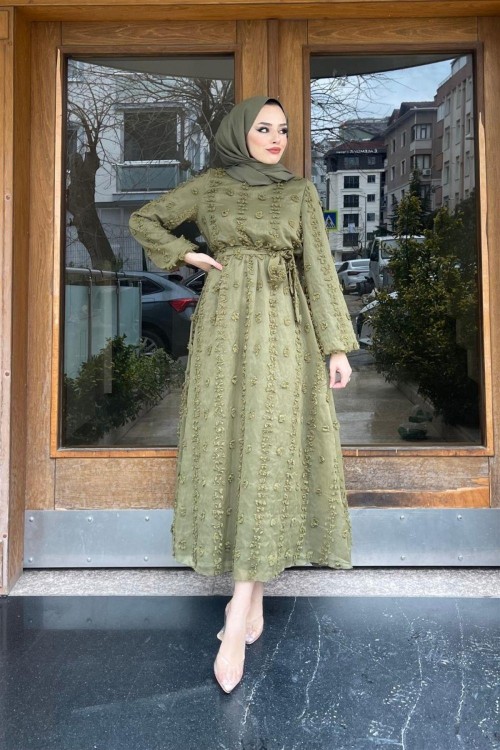 Beli Lastikli Ponpon Elbise Haki