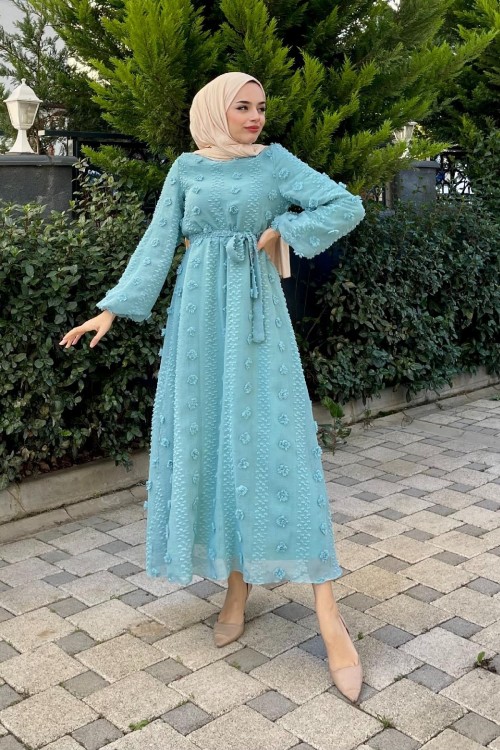 Beli Lastikli Ponpon Elbise Mavi