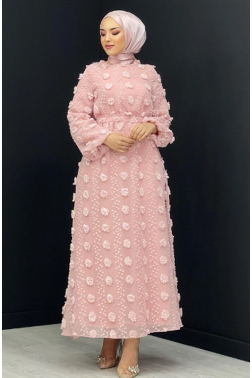 Beli Lastikli Ponpon Elbise Pudra