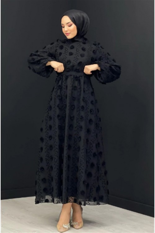 Beli Lastikli Ponpon Elbise Siyah