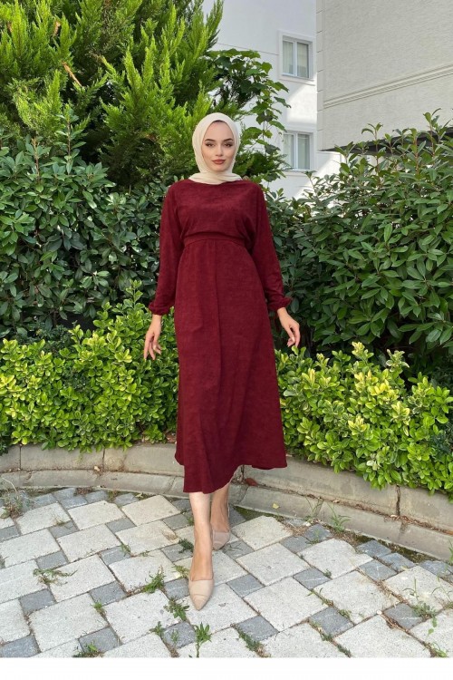 Beli Lastikli Tesettür Elbise Bordo