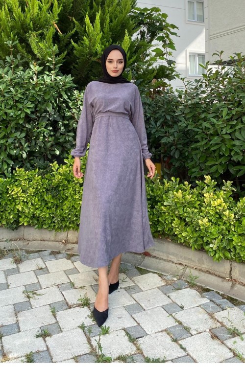 Beli Lastikli Tesettür Elbise Gri