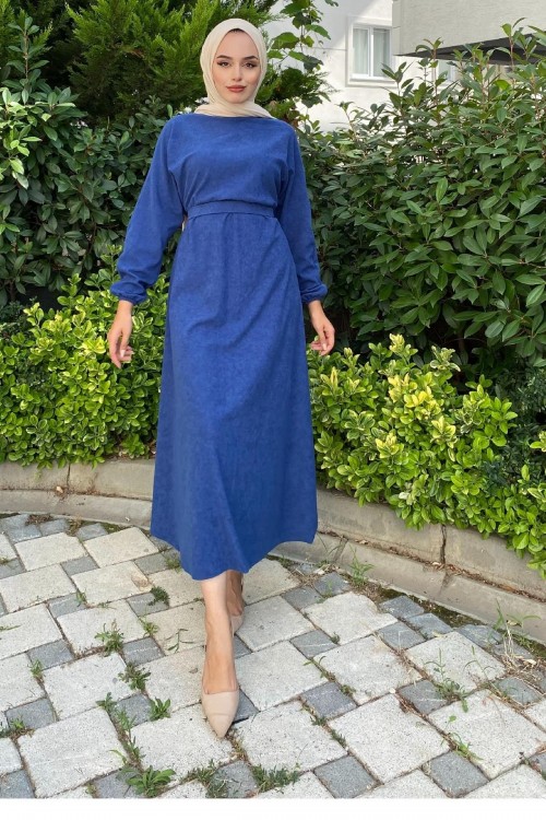 Beli Lastikli Tesettür Elbise İndigo