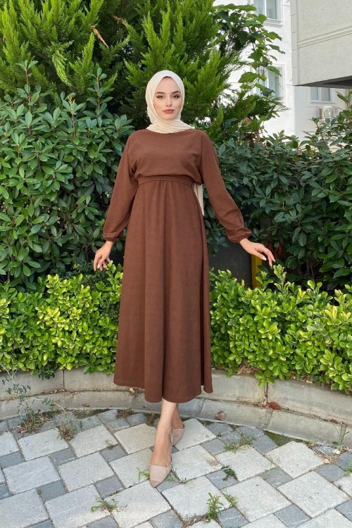 Beli Lastikli Tesettür Elbise Kahverengi