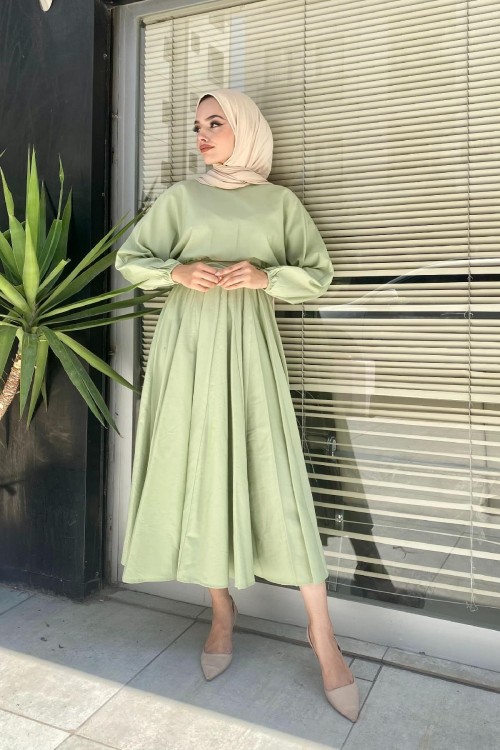Beli Lastikli Tesettür Elbise Mint