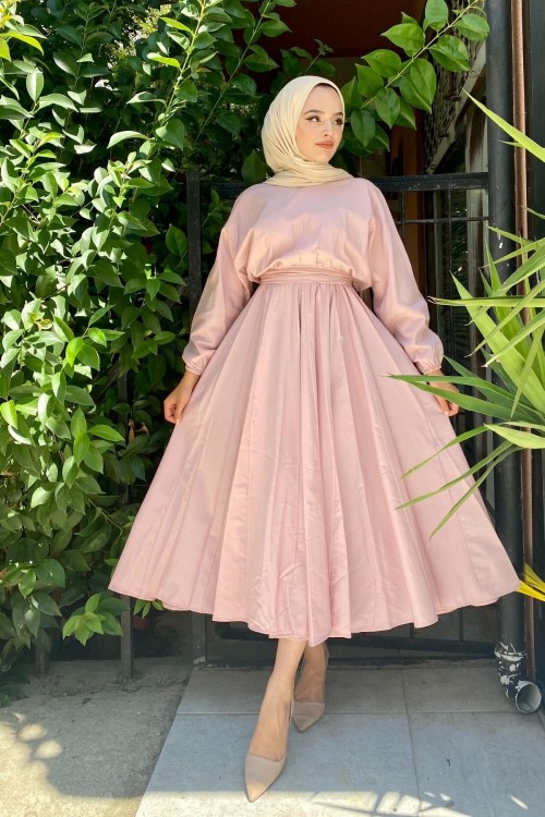 Beli Lastikli Tesettür Elbise Pudra