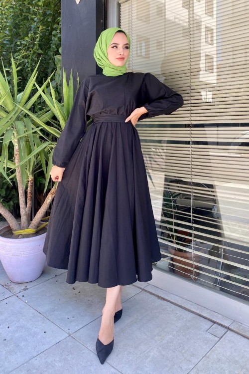 Beli Lastikli Tesettür Elbise Siyah