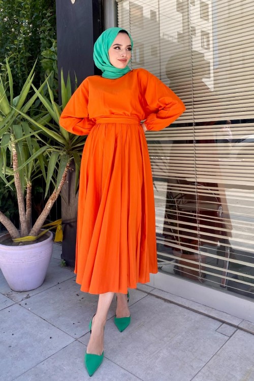 Beli Lastikli Tesettür Elbise Turuncu