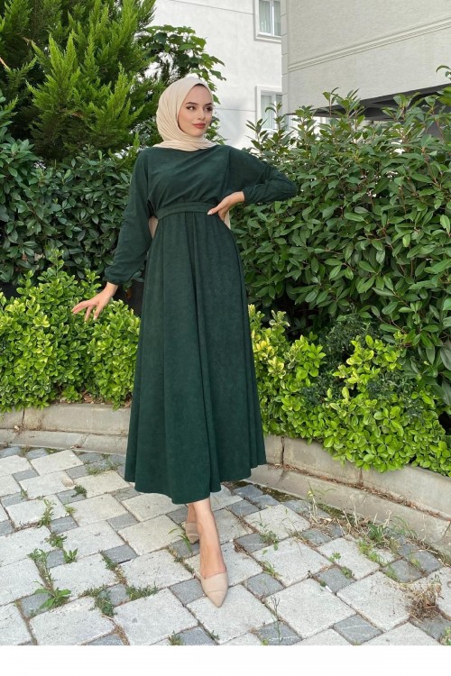 Beli Lastikli Tesettür Elbise Zümrüt