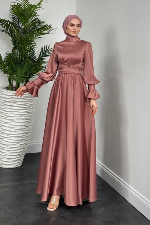 Belina Çapraz Kolları Fırfır Abiye Gül Kurusu