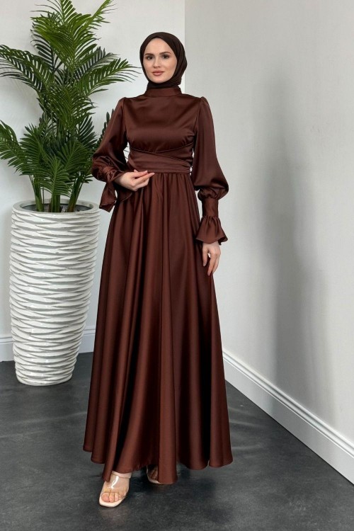 Belina Çapraz Kolları Fırfır Abiye Kahverengi