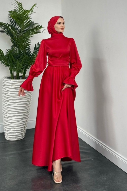 Belina Çapraz Kolları Fırfır Abiye Kırmızı